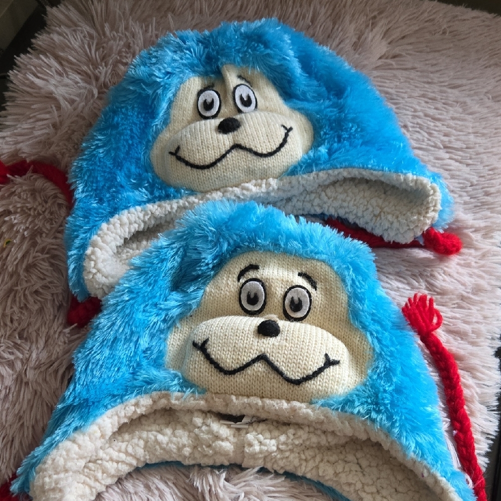 Thing 1 and Thing 2 Children Blue and Off white Wool Winter hats set of 2